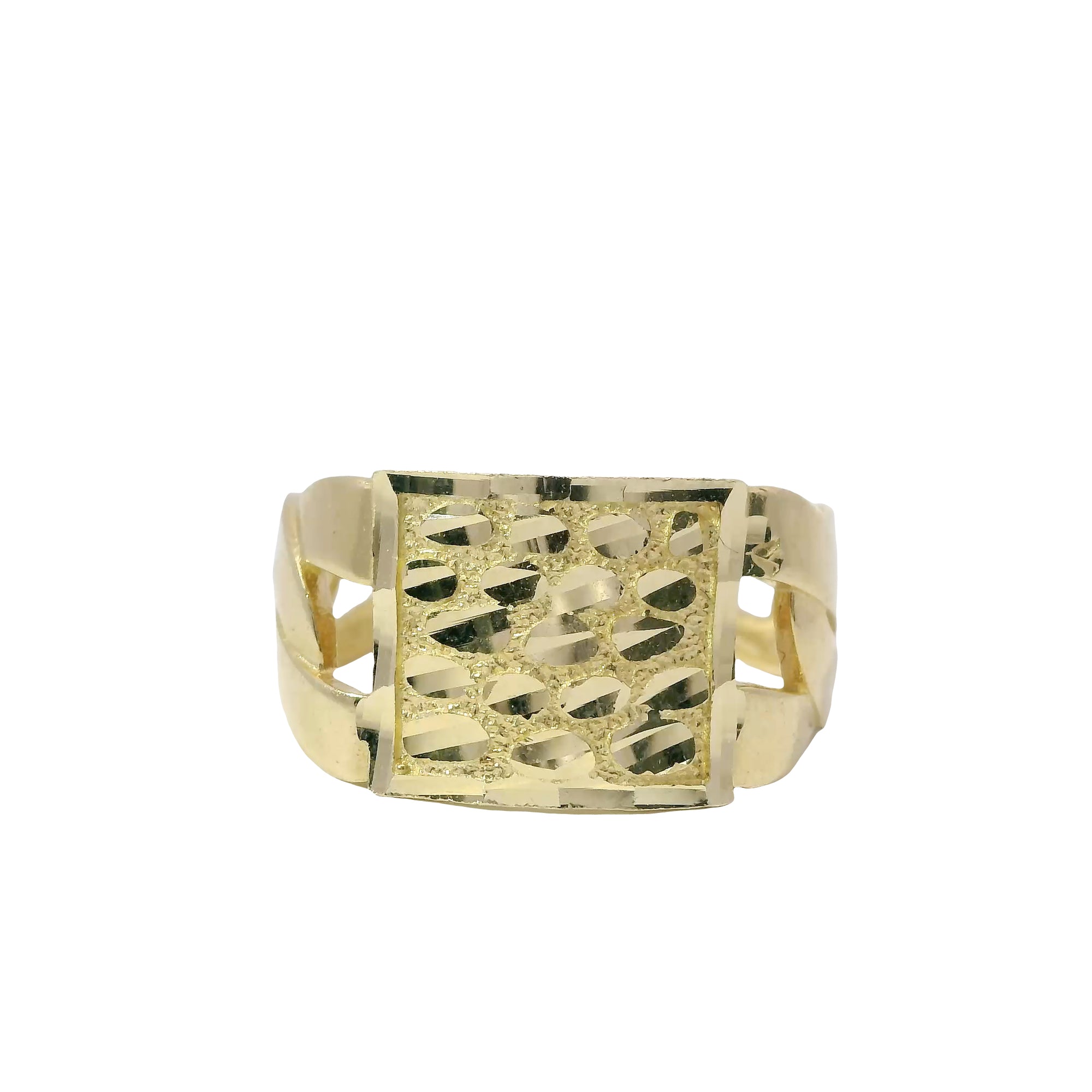 14KT Gold Ring Men's Square Small Flat Nugget with Plain Border and Cuban Link Band