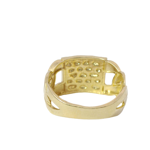14KT Gold Ring Men's Square Small Flat Nugget with Plain Border and Cuban Link Band