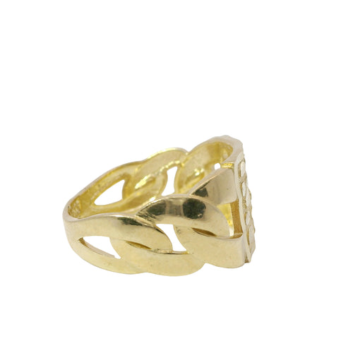 14KT Gold Ring Men's Square Small Flat Nugget with Plain Border and Cuban Link Band