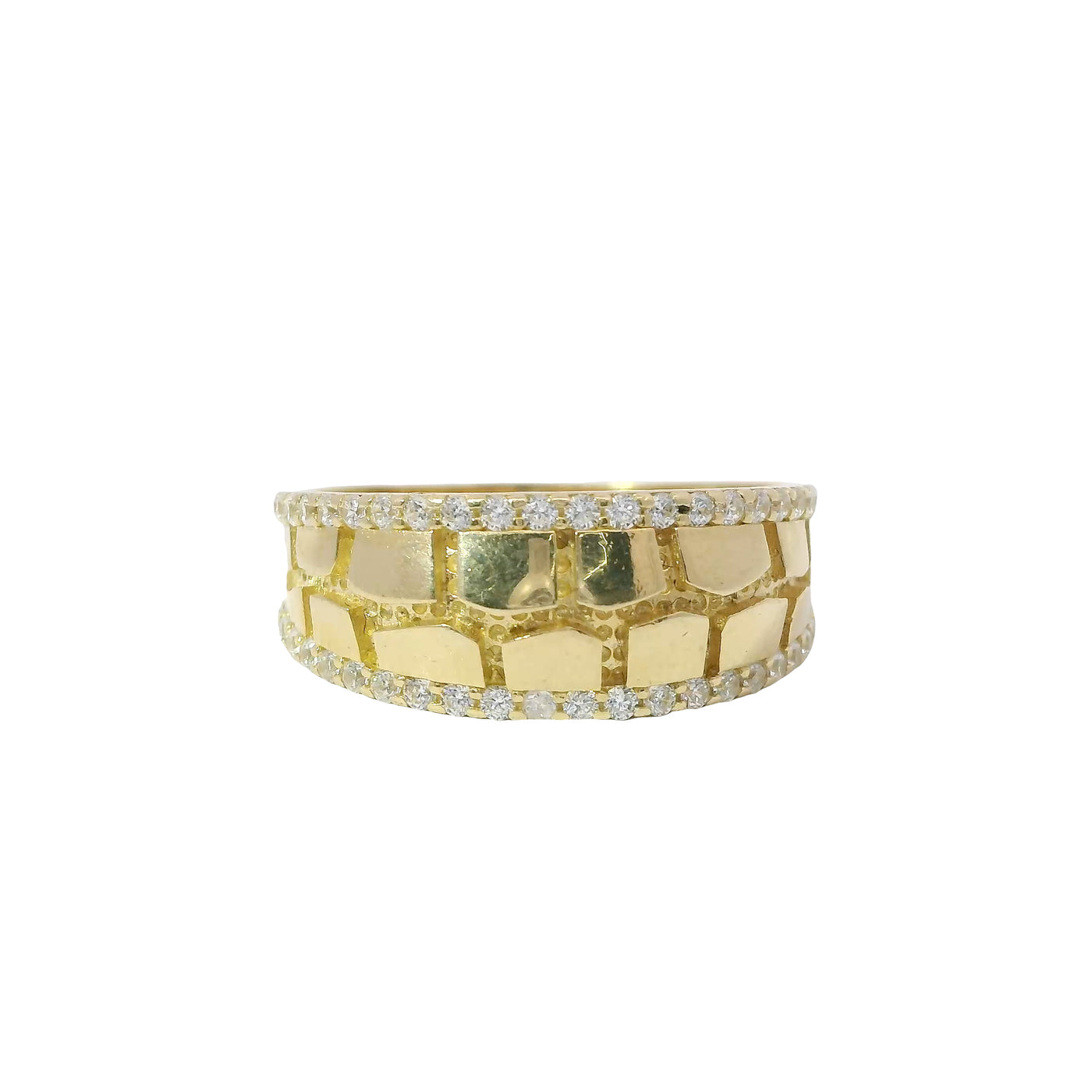 14KT Gold Ring Unisex Mini Nugget Band with White CZ Stone Border