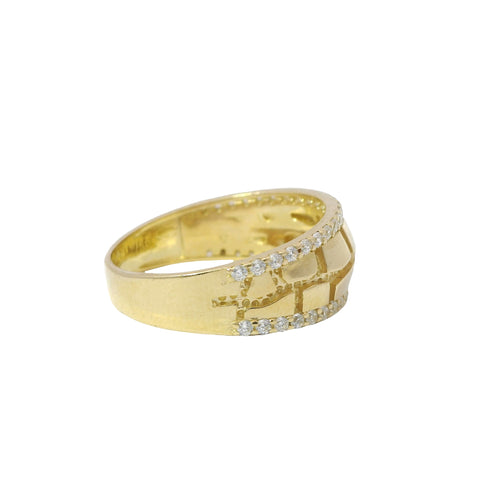 14KT Gold Ring Unisex Mini Nugget Band with White CZ Stone Border