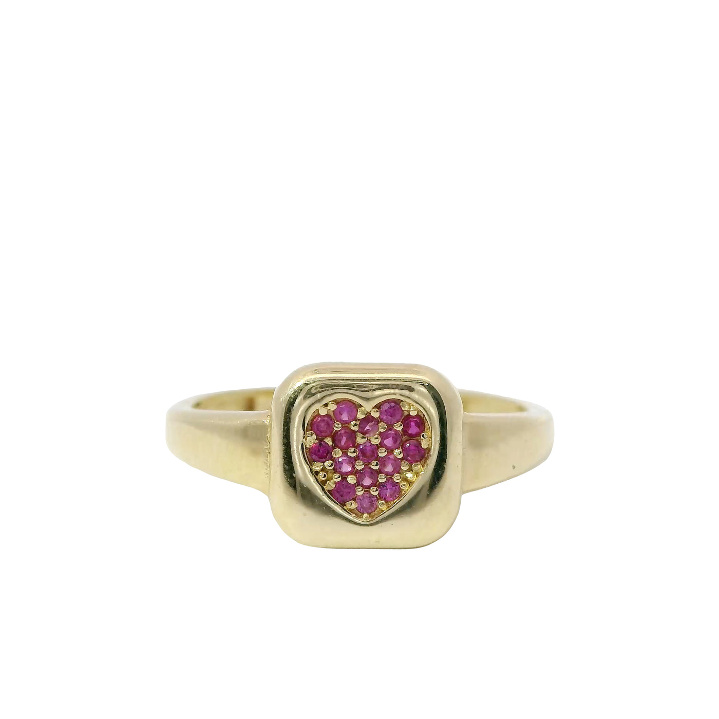 14KT Gold Ring Women's Dark Pink CZ Stones Heart Cluster Center with Square Puff Border and Plain Band