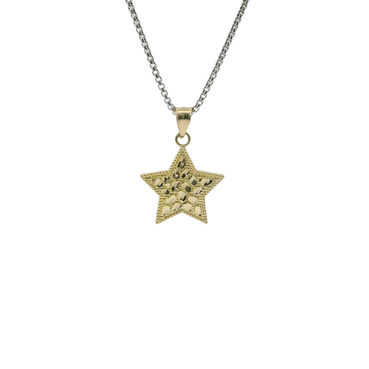 14KT Gold Charm Medium Star Nugget with Beaded Border and Plain Bell