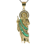 14KT Gold Charm Medium St Jude Shape with White Baguette CZ Stones Halo and Dark Green Baguette CZ Stones Robe with Plain Bell