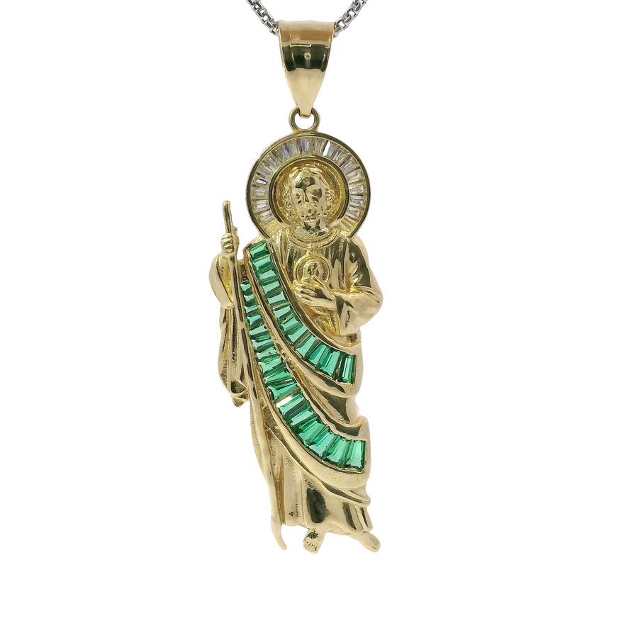 14KT Gold Charm Medium St Jude Shape with White Baguette CZ Stones Halo and Dark Green Baguette CZ Stones Robe with Plain Bell
