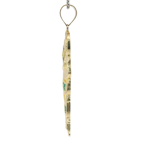14KT Gold Charm Medium St Jude Shape with White Baguette CZ Stones Halo and Dark Green Baguette CZ Stones Robe with Plain Bell