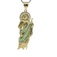 14KT Gold Charm Medium St Jude Shape with White Baguette CZ Stones Halo and Dark Green Baguette CZ Stones Robe with Plain Bell