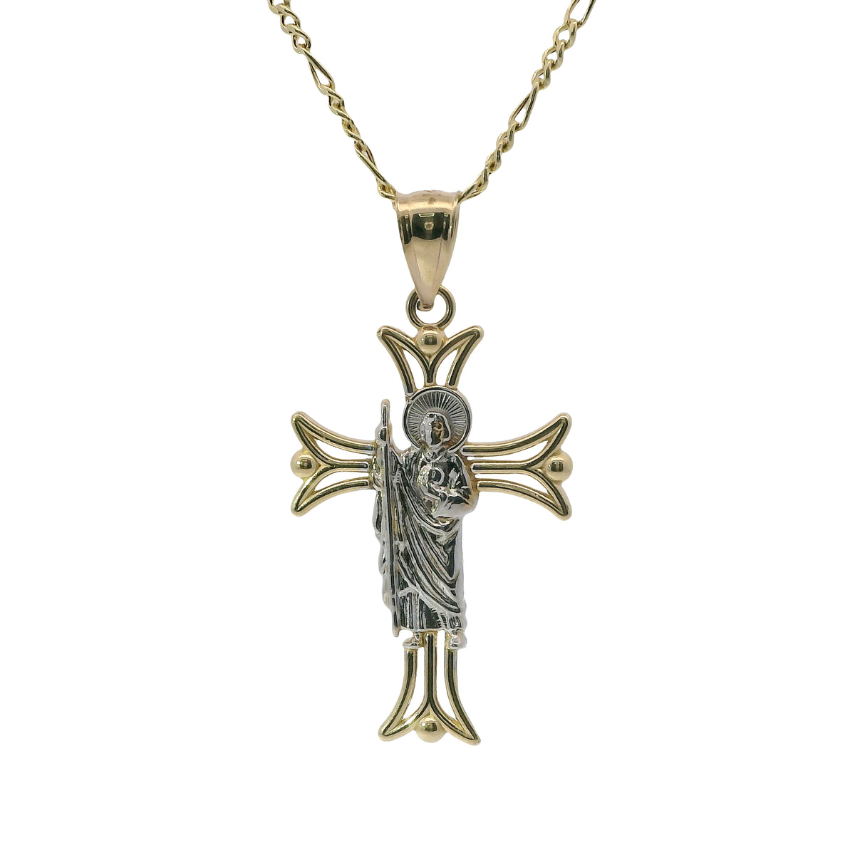 14KT Gold Charm Medium Open Flare End Cross with Two Tone St Jude Center and Plain Bell