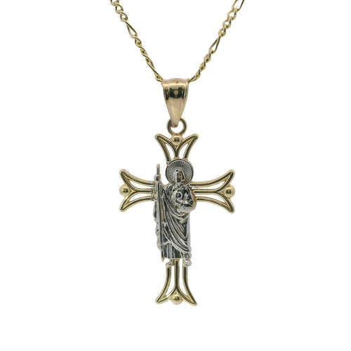 14KT Gold Charm Medium Open Flare End Cross with Two Tone St Jude Center and Plain Bell