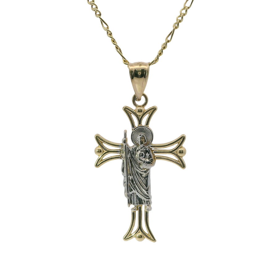 14KT Gold Charm Medium Open Flare End Cross with Two Tone St Jude Center and Plain Bell
