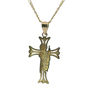 14KT Gold Charm Medium Open Flare End Cross with Two Tone St Jude Center and Plain Bell