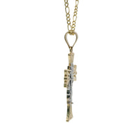 14KT Gold Charm Medium Open Flare End Cross with Two Tone St Jude Center and Plain Bell