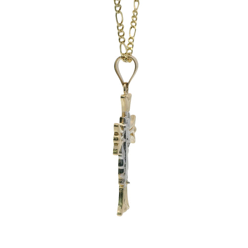 14KT Gold Charm Medium Open Flare End Cross with Two Tone St Jude Center and Plain Bell