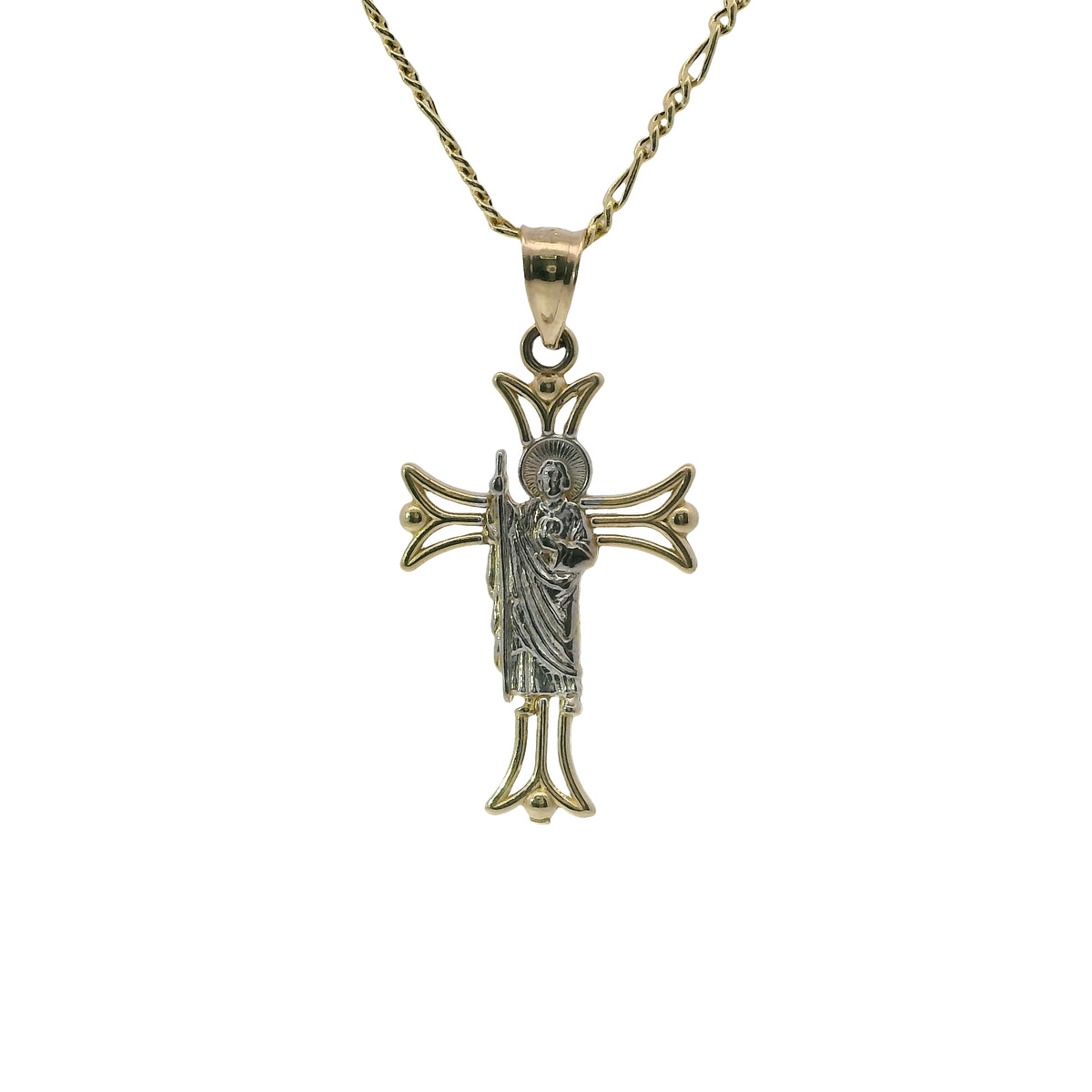 14KT Gold Charm Small Open Flare End Cross with Two Tone St Jude Center and Plain Bell