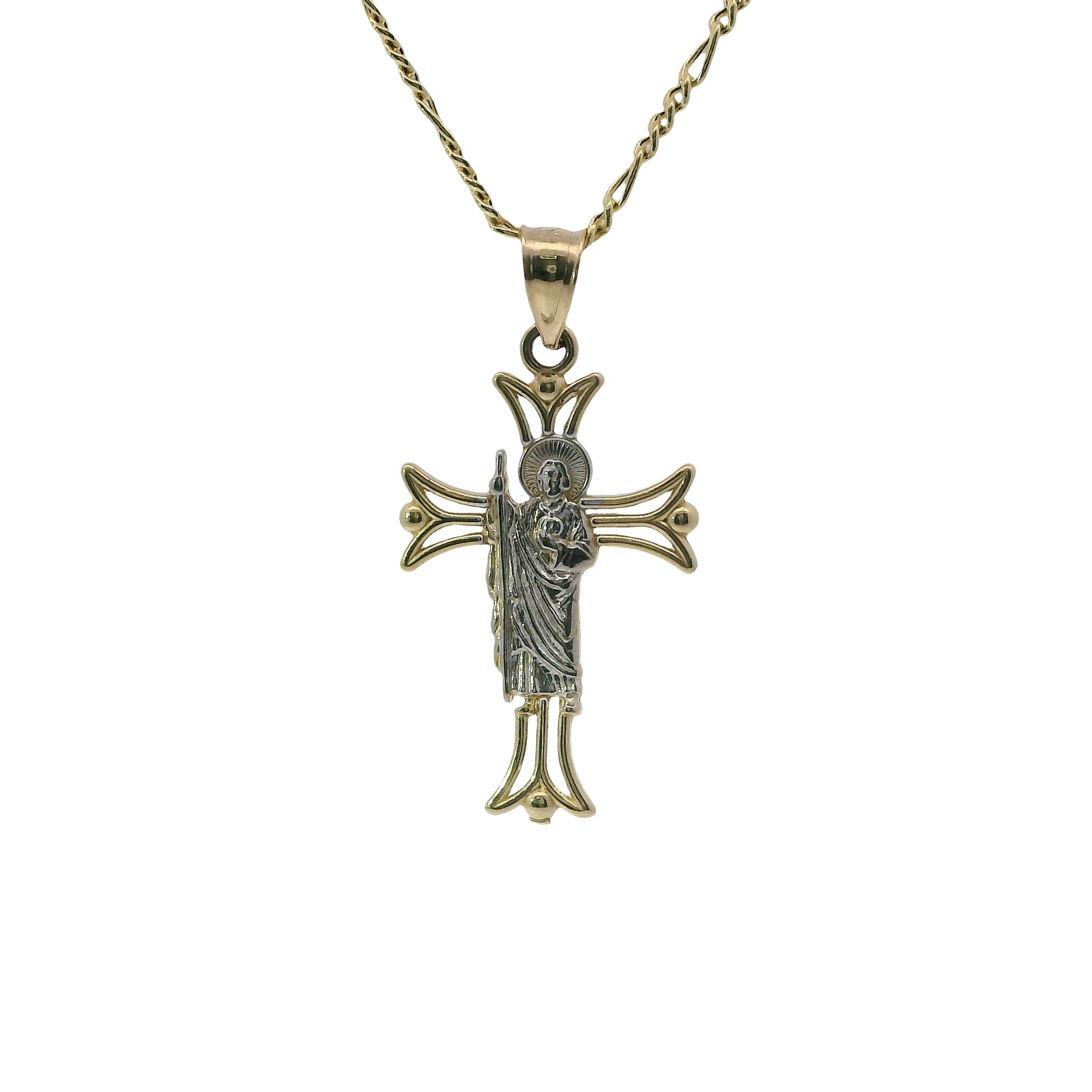 14KT Gold Charm Small Open Flare End Cross with Two Tone St Jude Center and Plain Bell