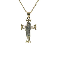 14KT Gold Charm Small Open Flare End Cross with Two Tone St Jude Center and Plain Bell