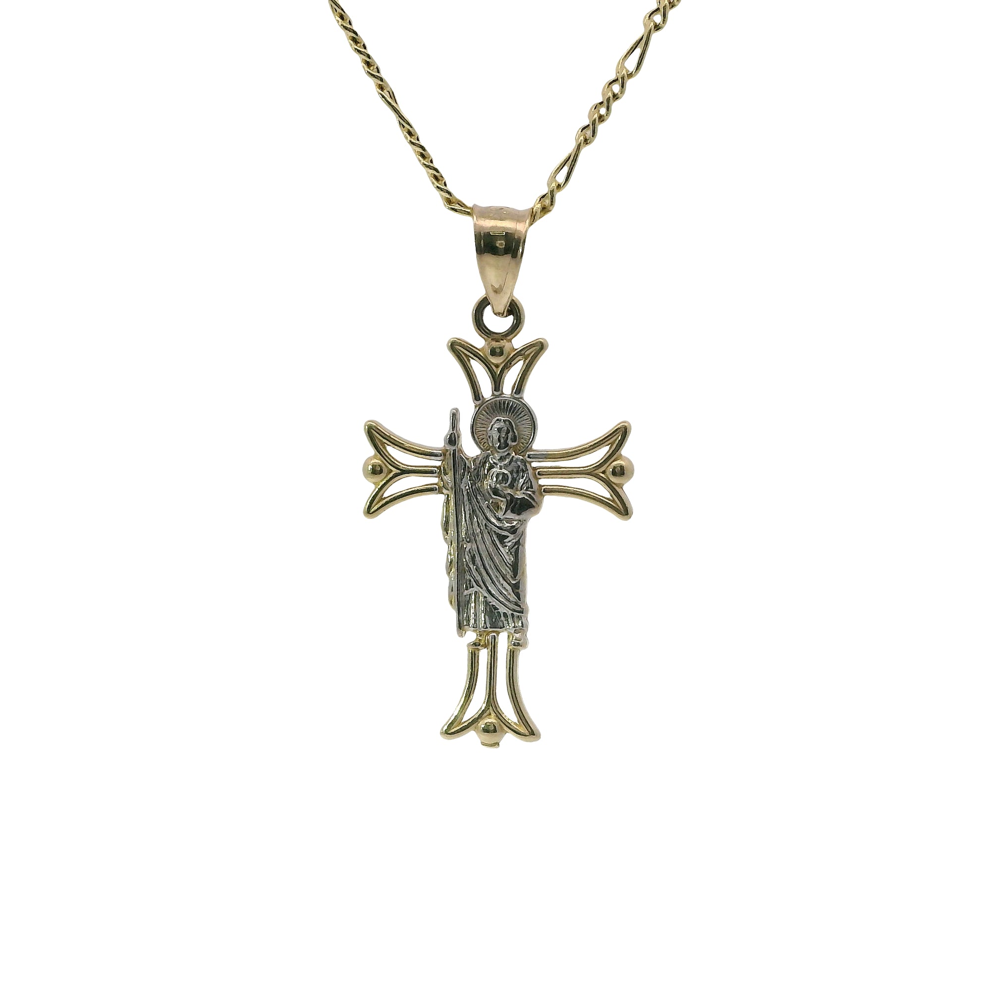 14KT Gold Charm Small Open Flare End Cross with Two Tone St Jude Center and Plain Bell