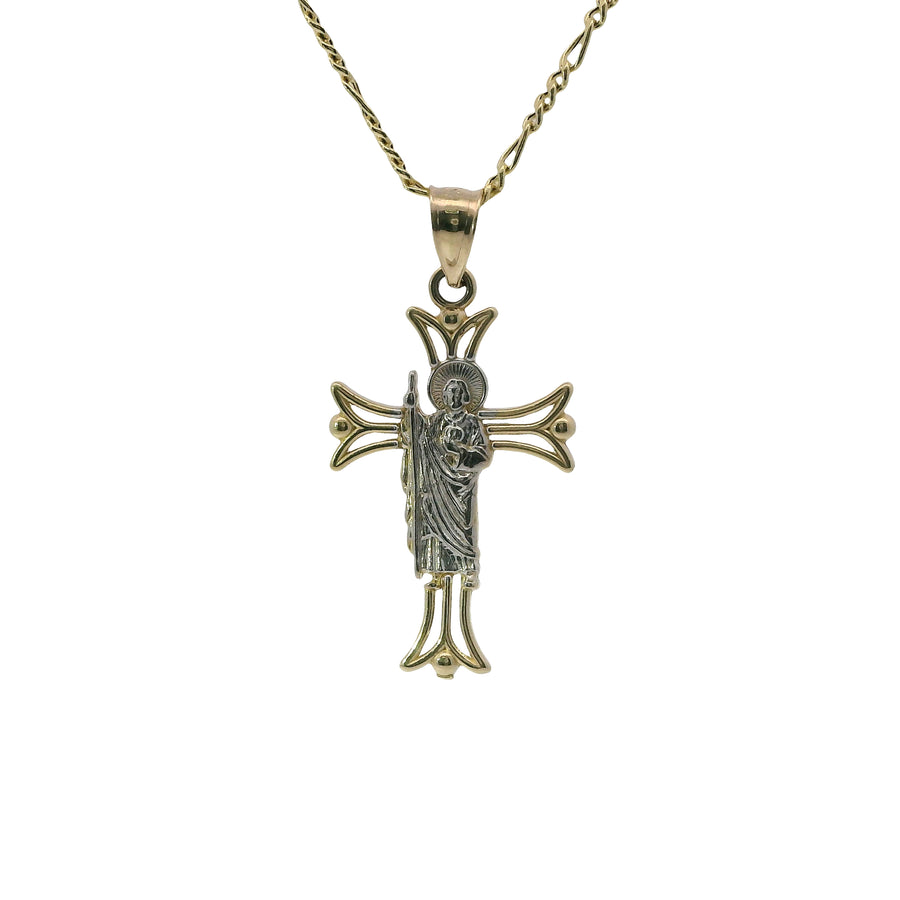 14KT Gold Charm Small Open Flare End Cross with Two Tone St Jude Center and Plain Bell
