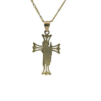 14KT Gold Charm Small Open Flare End Cross with Two Tone St Jude Center and Plain Bell