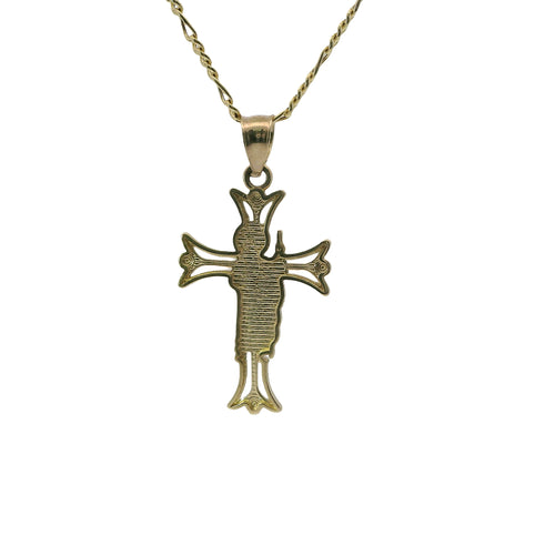 14KT Gold Charm Small Open Flare End Cross with Two Tone St Jude Center and Plain Bell