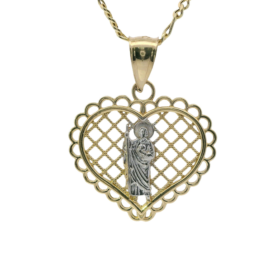 14KT Gold Charm Medium Two Tone Lattice Heart St Jude with Scallop Border and Plain Bell