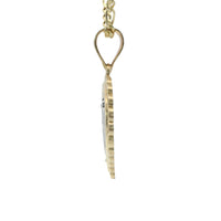 14KT Gold Charm Medium Two Tone Lattice Heart St Jude with Scallop Border and Plain Bell