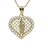 14KT Gold Charm Medium Two Tone Lattice Heart St Jude with Scallop Border and Plain Bell