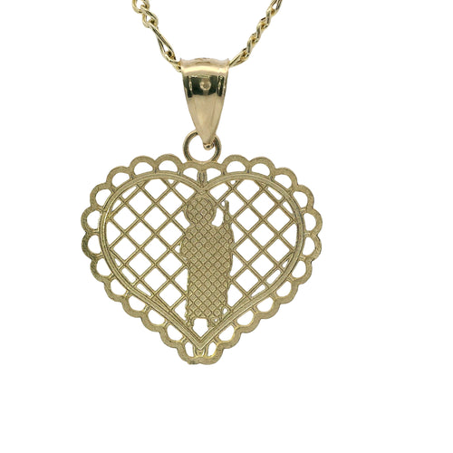 14KT Gold Charm Medium Two Tone Lattice Heart St Jude with Scallop Border and Plain Bell
