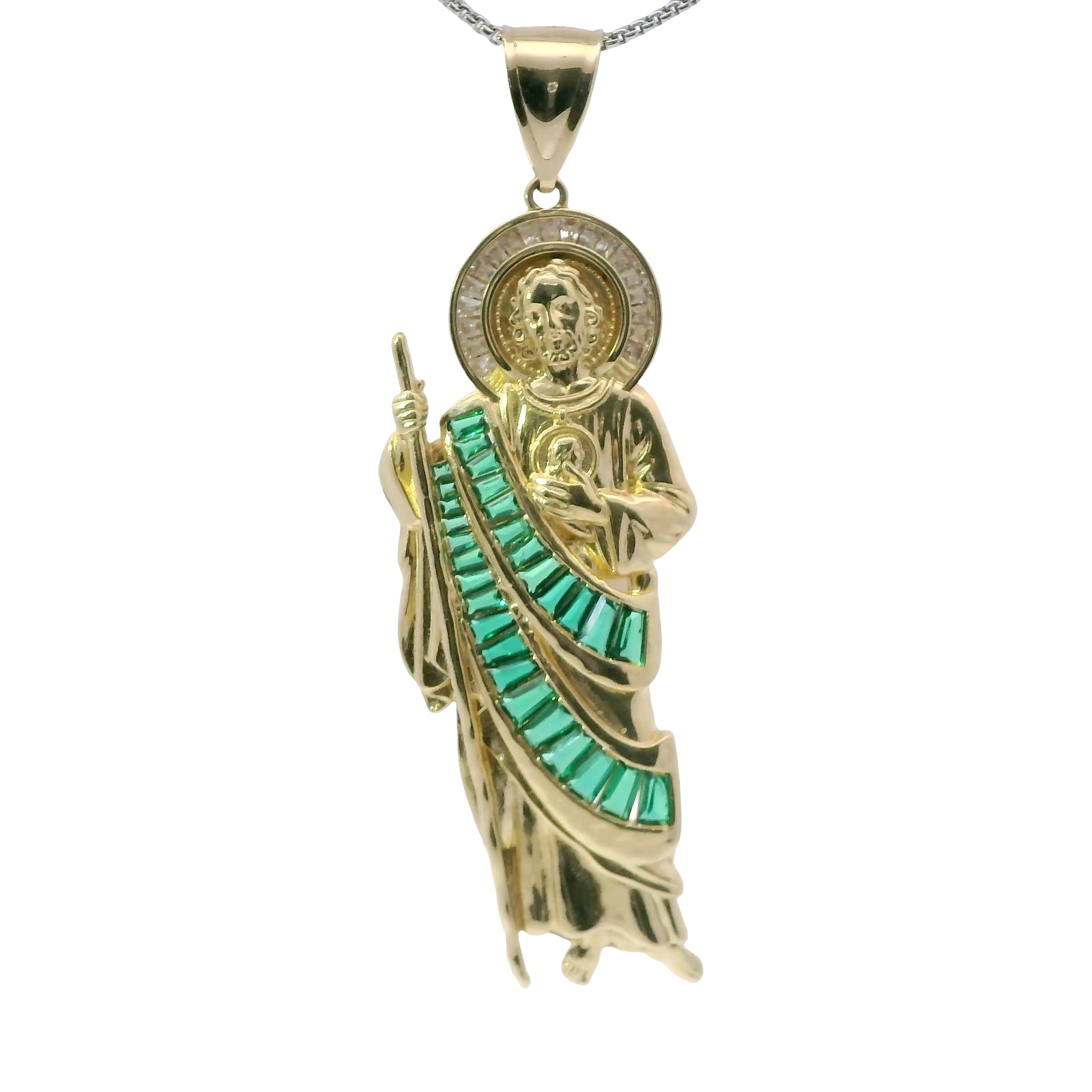 14KT Gold Charm Large St Jude Shape with White Baguette CZ Stones Halo and Dark Green Baguette CZ Stones Robe with Plain Bell