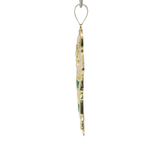 14KT Gold Charm Large St Jude Shape with White Baguette CZ Stones Halo and Dark Green Baguette CZ Stones Robe with Plain Bell