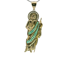 14KT Gold Charm Large St Jude Shape with White Baguette CZ Stones Halo and Dark Green Baguette CZ Stones Robe with Plain Bell