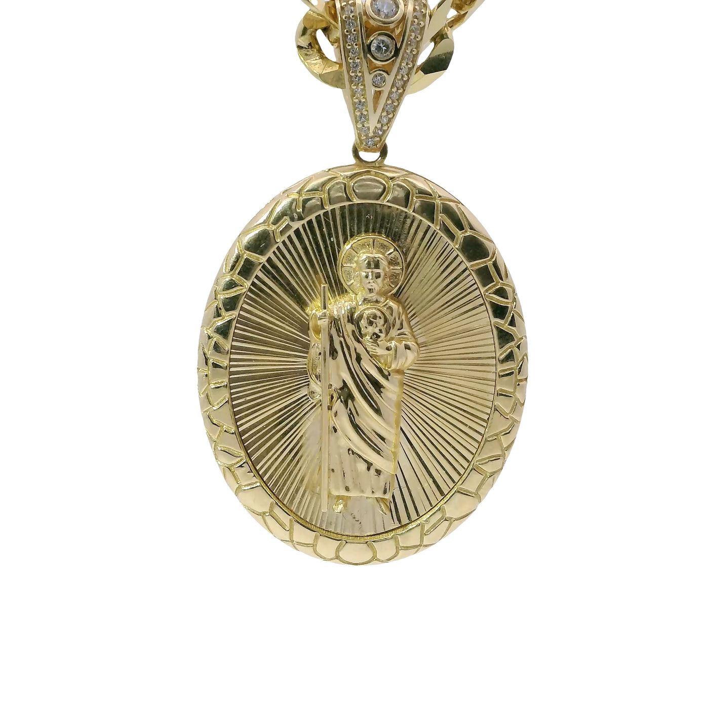 14KT Gold Charm Large Oval St Jude with Sunray Background, Nugget Border, White CZ Stones Edge and Bell