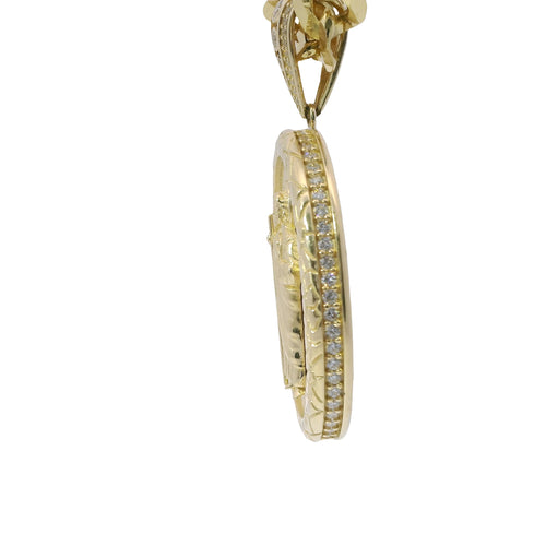 14KT Gold Charm Large Oval St Jude with Sunray Background, Nugget Border, White CZ Stones Edge and Bell