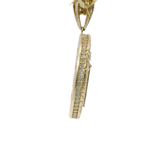 14KT Gold Charm Large Oval St Jude with Sunray Background, Nugget Border, White CZ Stones Edge and Bell