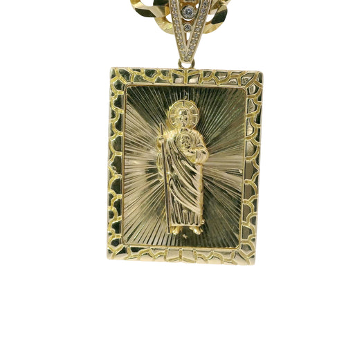 14KT Gold Charm Large Rectangle St Jude with Sunray Background, Nugget Border, White CZ Stones Edge and Bell