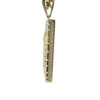 14KT Gold Charm Large Rectangle St Jude with Sunray Background, Nugget Border, White CZ Stones Edge and Bell