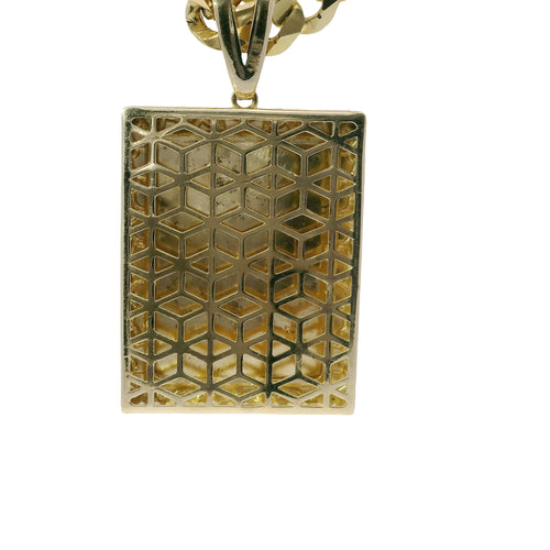 14KT Gold Charm Large Rectangle St Jude with Sunray Background, Nugget Border, White CZ Stones Edge and Bell