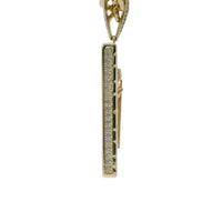 14KT Gold Charm Large Rectangle St Jude with Sunray Background, Nugget Border, White CZ Stones Edge and Bell