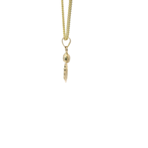 14KT Gold Charm Extra Small Round Sunray Virgin Mary Coin with White CZ Stone Top and Plain Bell