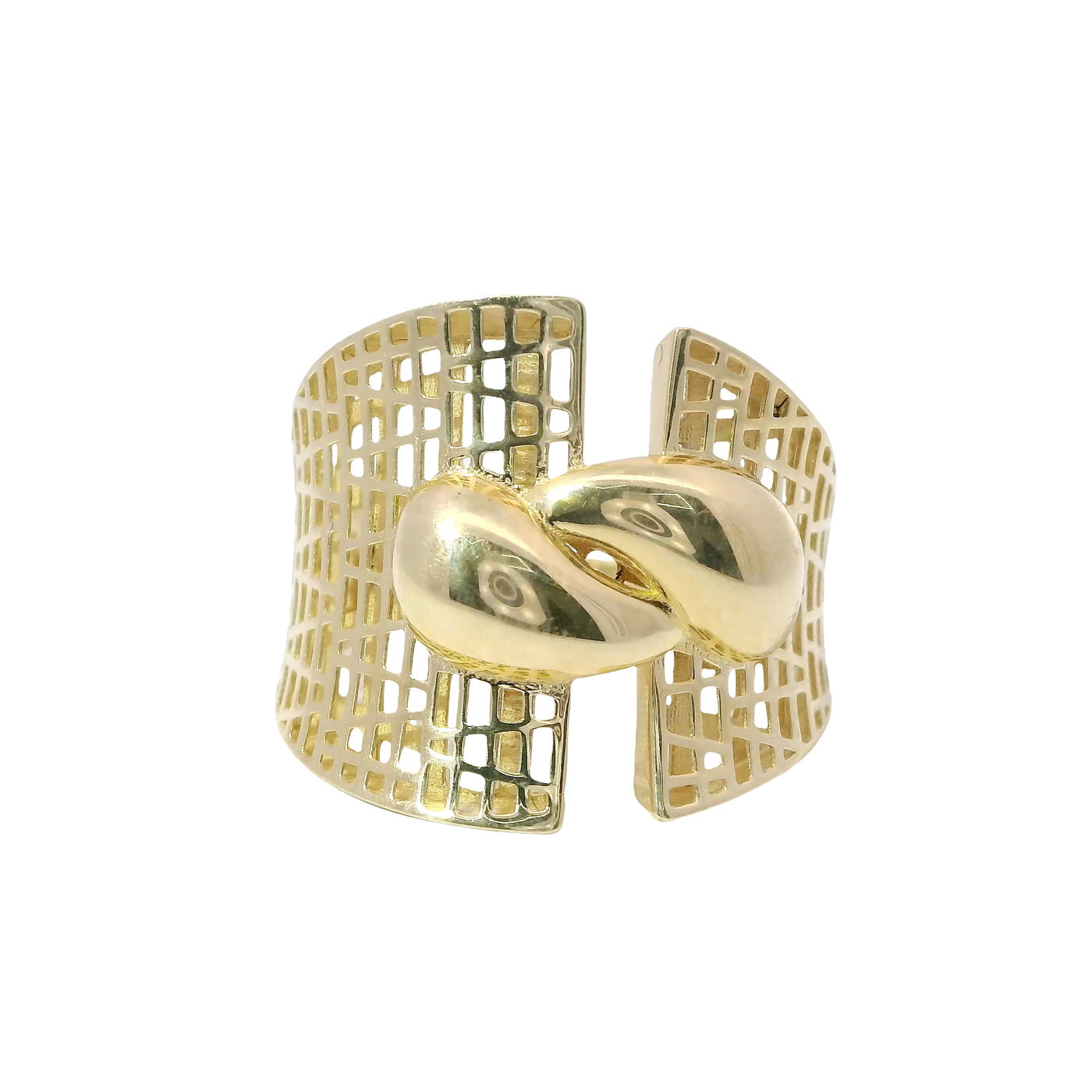 14KT Gold Ring Women's Abstract Bubble Double Tear Drops with Brick Pattern Lattice Cutout Band