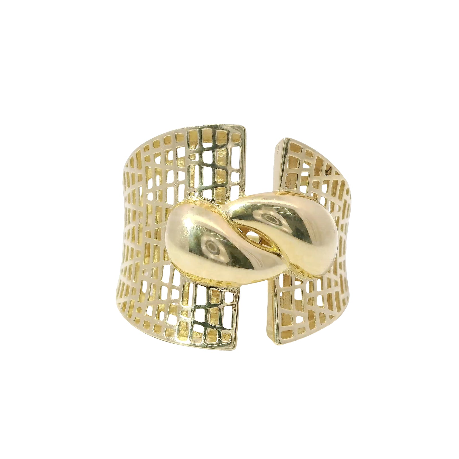14KT Gold Ring Women's Abstract Bubble Double Tear Drops with Brick Pattern Lattice Cutout Band