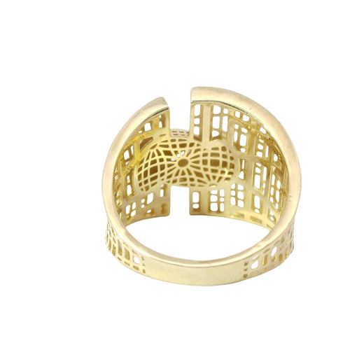 14KT Gold Ring Women's Abstract Bubble Double Tear Drops with Brick Pattern Lattice Cutout Band