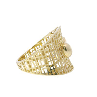14KT Gold Ring Women's Abstract Bubble Double Tear Drops with Brick Pattern Lattice Cutout Band