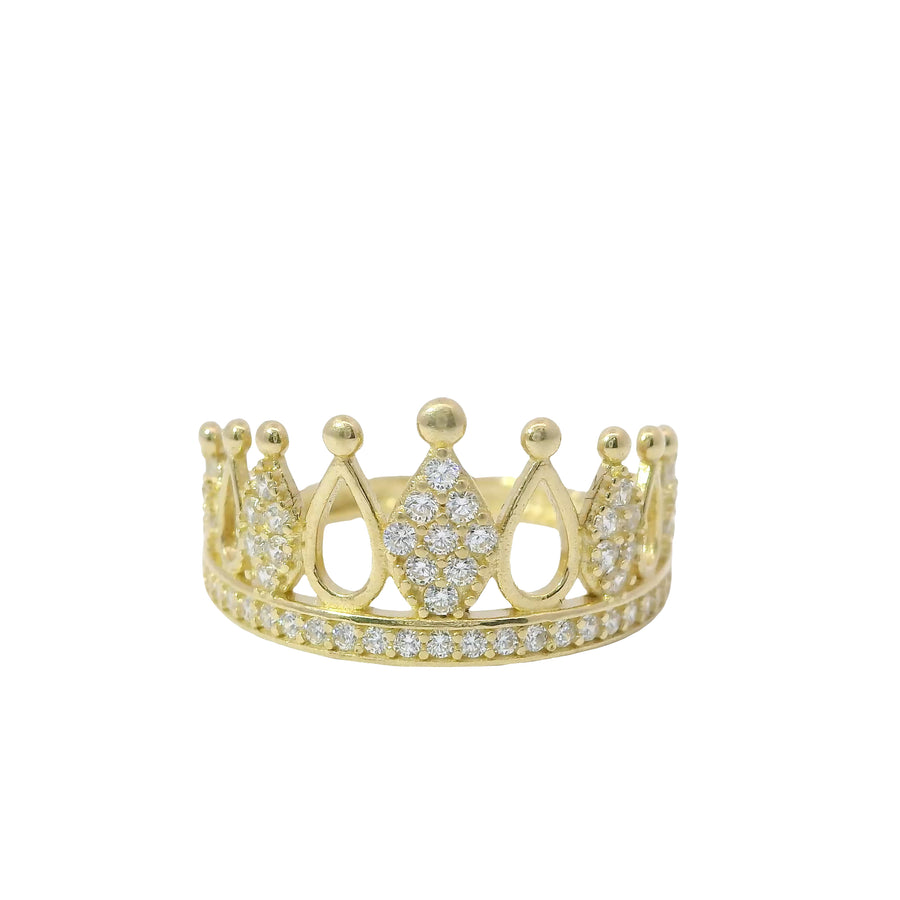 14KT Gold Ring Women's Tear Drop Crown with Five White CZ Stone Drops and White CZ Stones Band