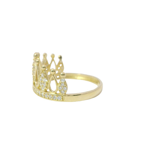 14KT Gold Ring Women's Tear Drop Crown with Five White CZ Stone Drops and White CZ Stones Band