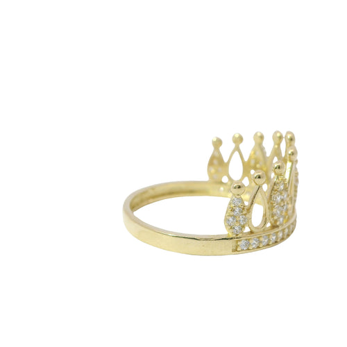 14KT Gold Ring Women's Tear Drop Crown with Five White CZ Stone Drops and White CZ Stones Band