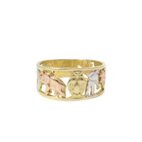 14KT Gold Ring Women's "Good Luck" Tri Tone Open Split Band with Plain Borders Flower, Seven, Horseshoe, Elephant, Owl, Man, Eye, Flower with Plain Border