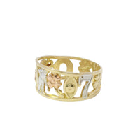 14KT Gold Ring Women's "Good Luck" Tri Tone Open Split Band with Plain Borders Flower, Seven, Horseshoe, Elephant, Owl, Man, Eye, Flower with Plain Border