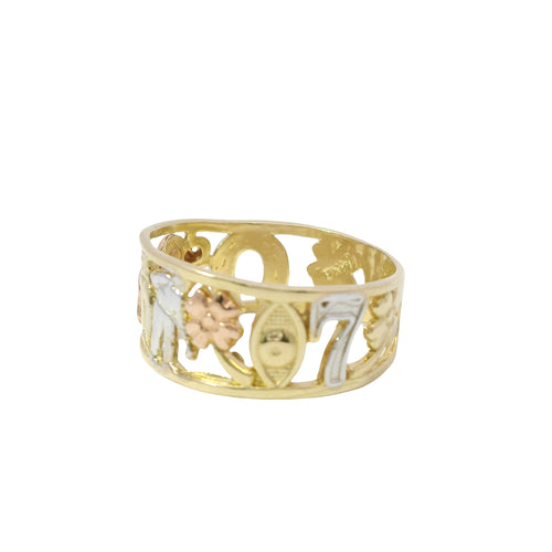 14KT Gold Ring Women's "Good Luck" Tri Tone Open Split Band with Plain Borders Flower, Seven, Horseshoe, Elephant, Owl, Man, Eye, Flower with Plain Border