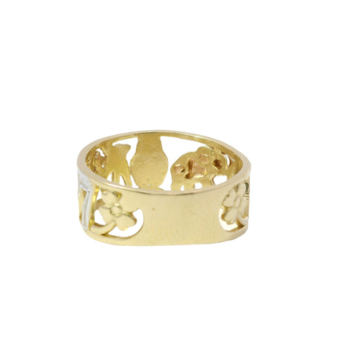 14KT Gold Ring Women's "Good Luck" Tri Tone Open Split Band with Plain Borders Flower, Seven, Horseshoe, Elephant, Owl, Man, Eye, Flower with Plain Border